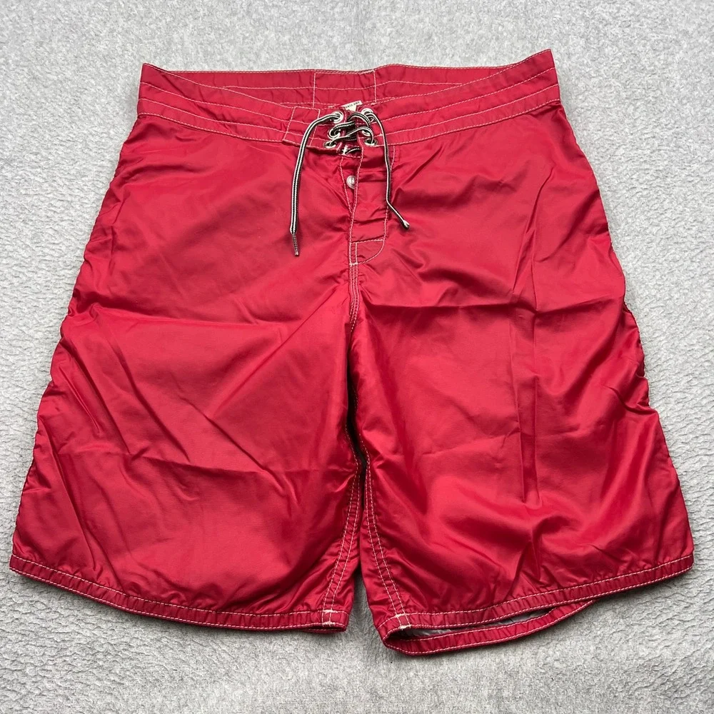 VTG Birdwell Beach Britches Boardshorts Mens 32 Red Lace Up Swim Stitch USA Made